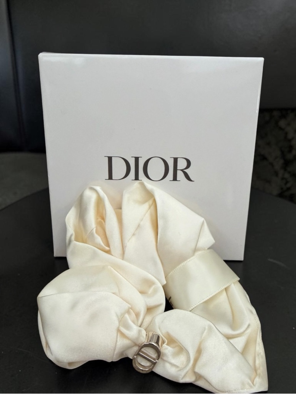 Dior Ivory Satin Scrunchie with Silver-Tone Iconic Charm